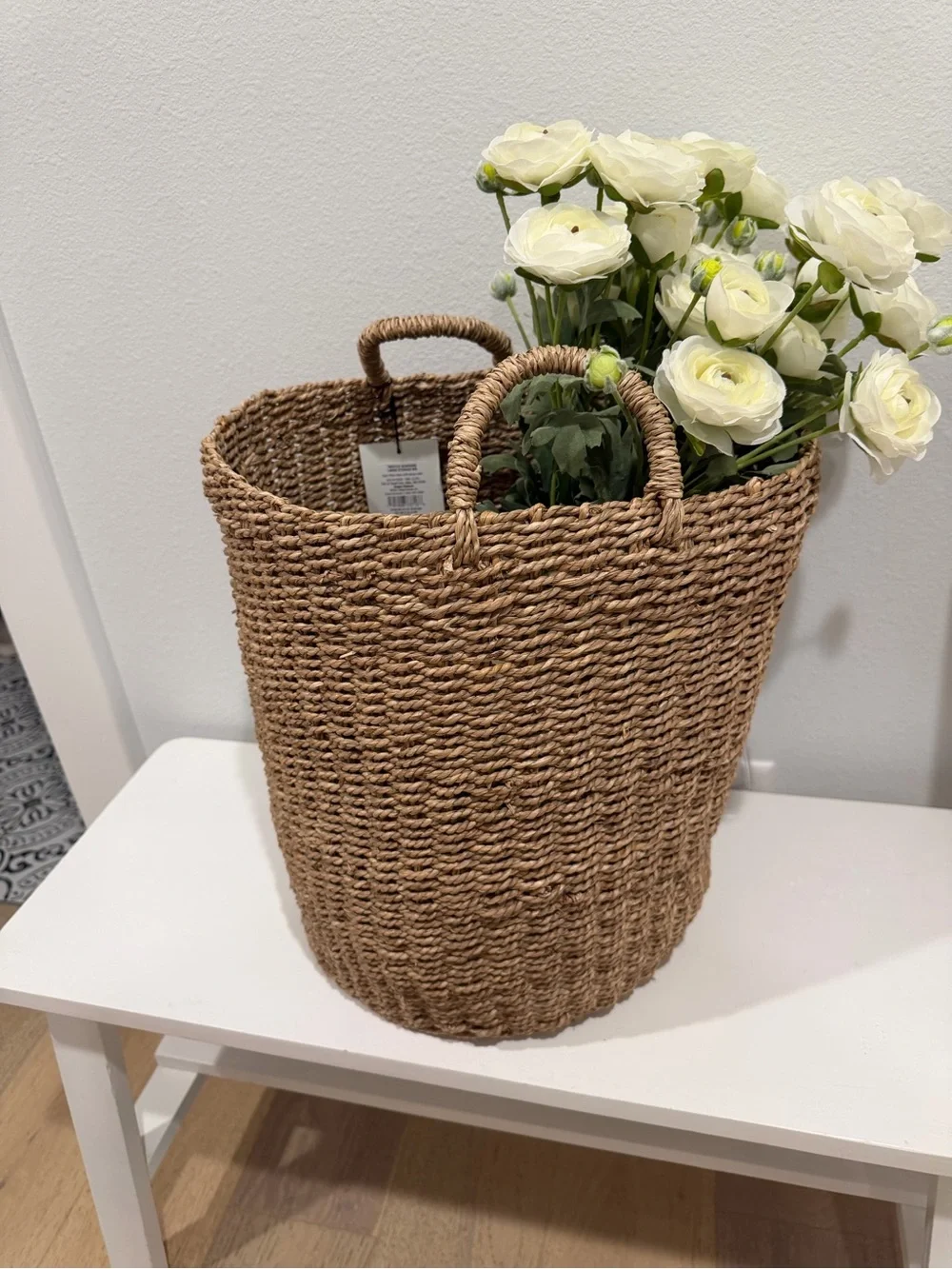 Woven Seagrass Storage Basket with Handles Artificial Flowers